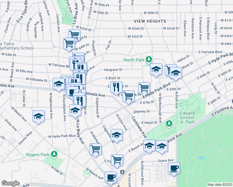 map of restaurants, bars, coffee shops, grocery stores, and more near 1115 Field Avenue in Inglewood