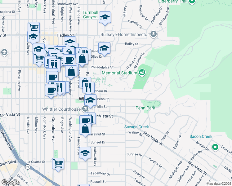 map of restaurants, bars, coffee shops, grocery stores, and more near 13664 Earlham Drive in Whittier