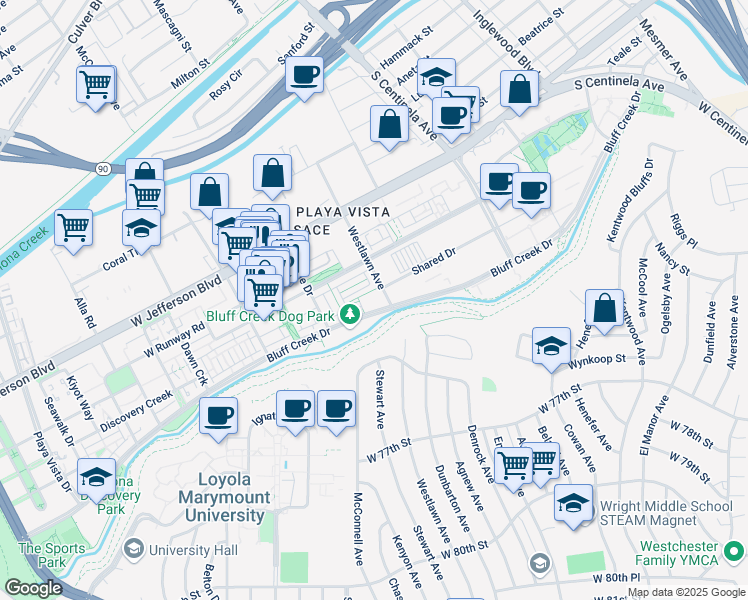 map of restaurants, bars, coffee shops, grocery stores, and more near 12655 Bluff Creek Drive in Los Angeles