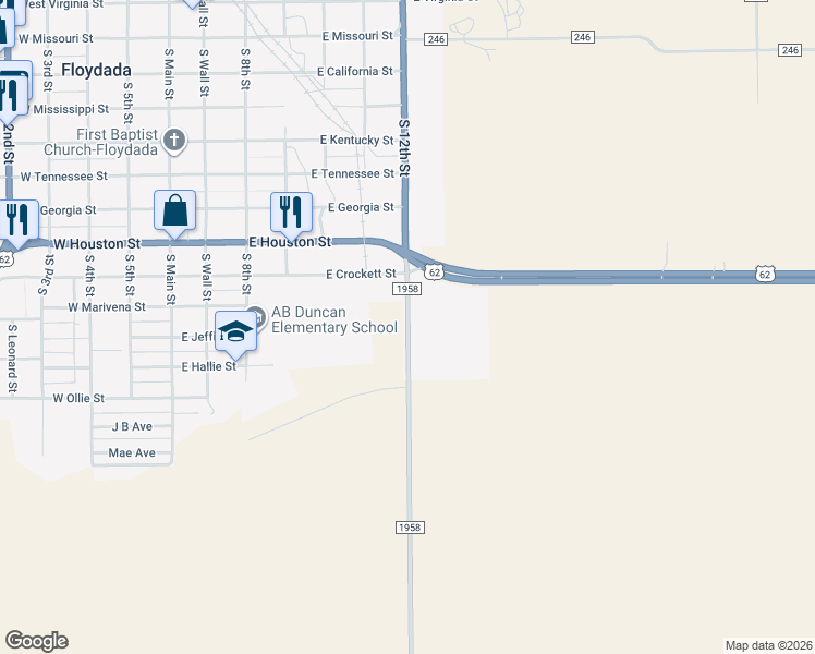 map of restaurants, bars, coffee shops, grocery stores, and more near Farm to Market Road 1958 in Floydada