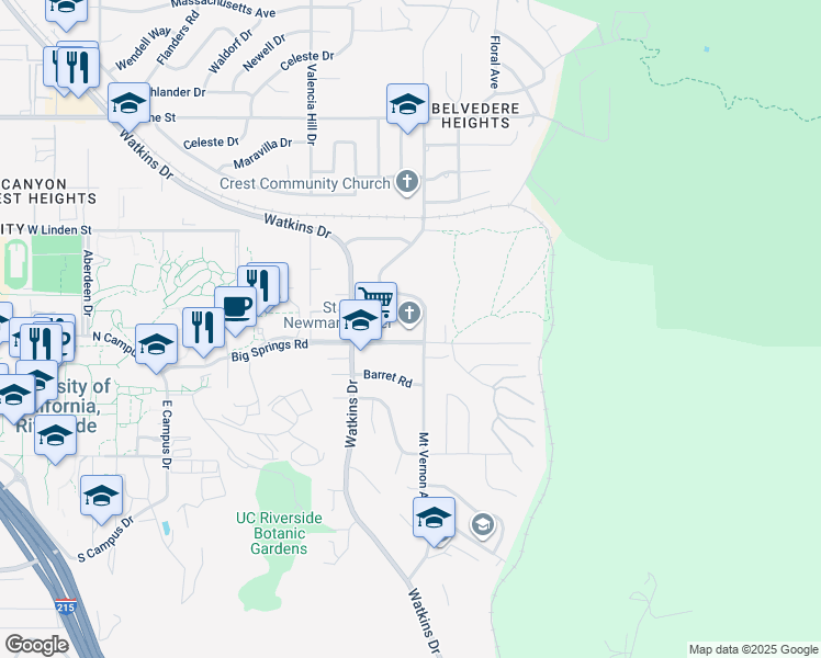 map of restaurants, bars, coffee shops, grocery stores, and more near 3716 Mount Vernon Avenue in Riverside
