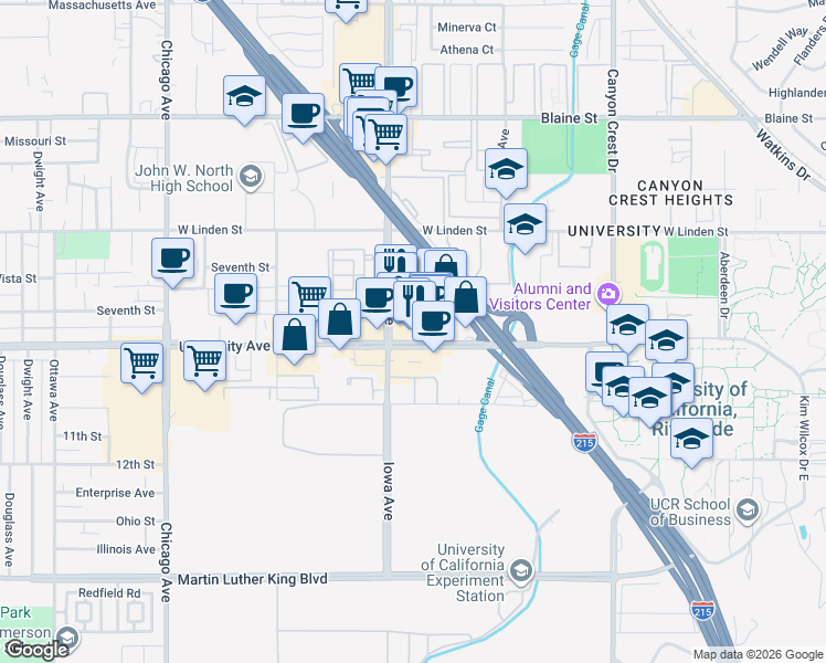map of restaurants, bars, coffee shops, grocery stores, and more near in Riverside