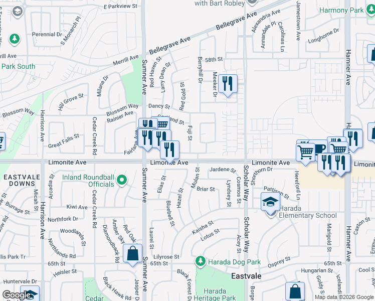 map of restaurants, bars, coffee shops, grocery stores, and more near 6148 Fuji Street in Corona