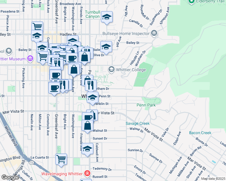 map of restaurants, bars, coffee shops, grocery stores, and more near 13664 Earlham Drive in Whittier
