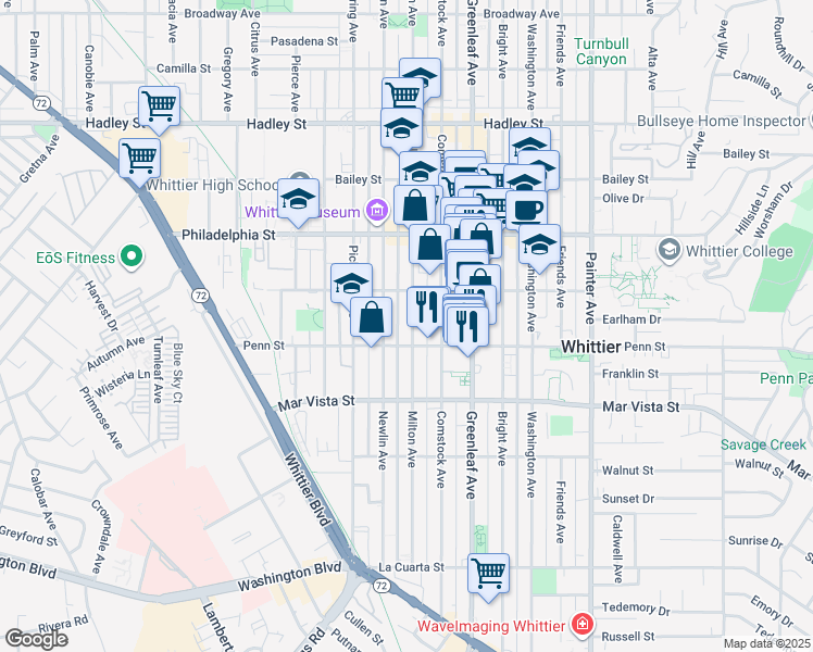 map of restaurants, bars, coffee shops, grocery stores, and more near 7222 Milton Avenue in Whittier