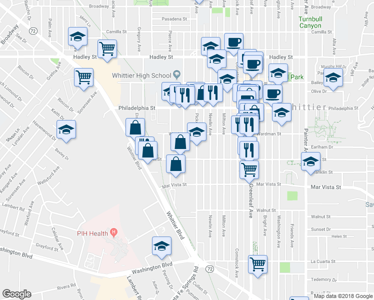 map of restaurants, bars, coffee shops, grocery stores, and more near 7229 Pickering Avenue in Whittier