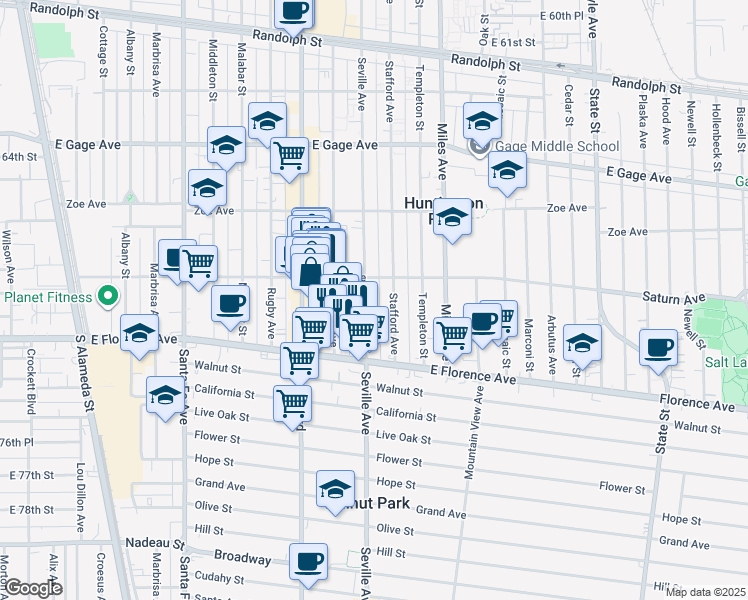 map of restaurants, bars, coffee shops, grocery stores, and more near 6913 Seville Avenue in Huntington Park