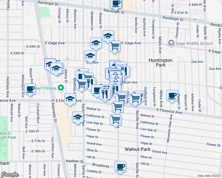 map of restaurants, bars, coffee shops, grocery stores, and more near 6911 Rugby Avenue in Huntington Park