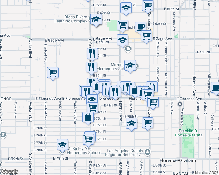 map of restaurants, bars, coffee shops, grocery stores, and more near 1204 East 70th Street in Los Angeles