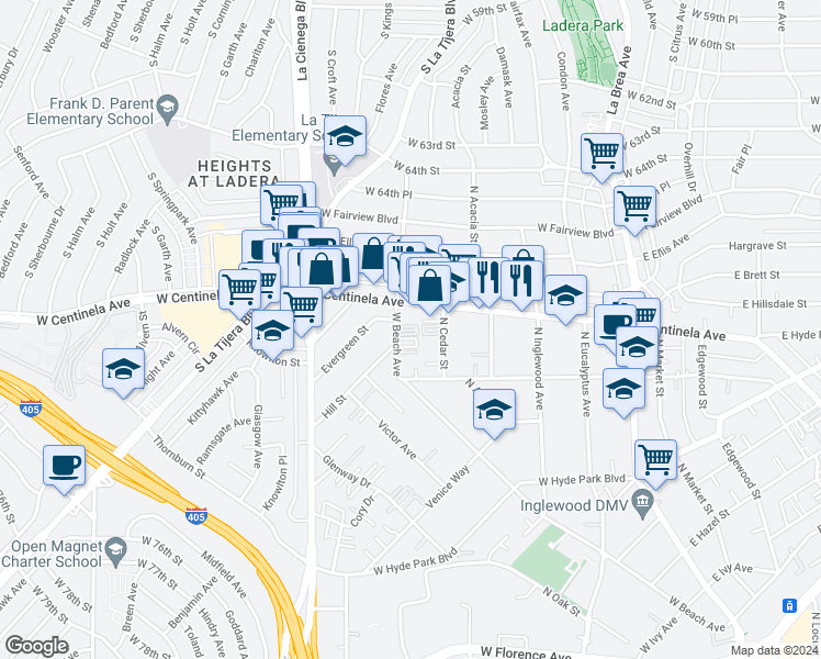 map of restaurants, bars, coffee shops, grocery stores, and more near in Inglewood