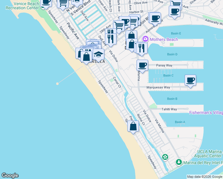 map of restaurants, bars, coffee shops, grocery stores, and more near 114 Fleet Street in Marina del Rey