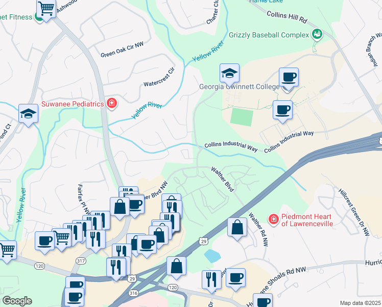 map of restaurants, bars, coffee shops, grocery stores, and more near 970 Tree Creek Boulevard in Lawrenceville