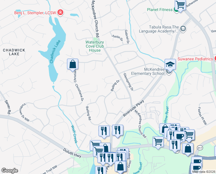 map of restaurants, bars, coffee shops, grocery stores, and more near 1390 Shady Cove Lane in Lawrenceville
