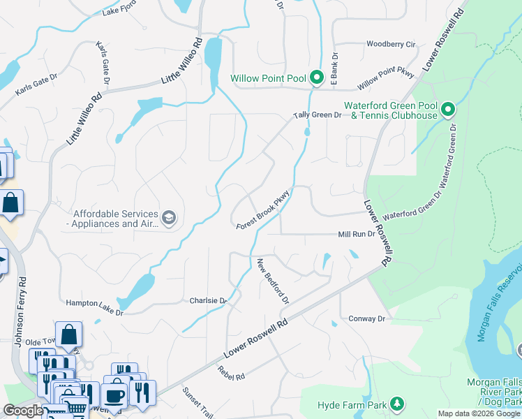 map of restaurants, bars, coffee shops, grocery stores, and more near 5233 Forest Brook Parkway in Marietta