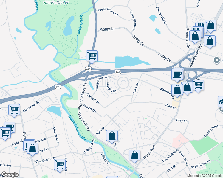 map of restaurants, bars, coffee shops, grocery stores, and more near 230 Bridgewater Circle in Athens