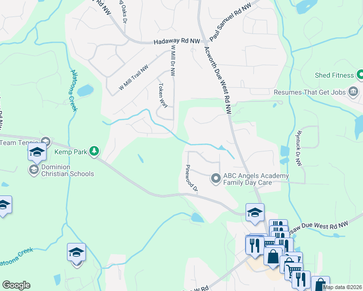 map of restaurants, bars, coffee shops, grocery stores, and more near 4190 Valley Wood Drive Northwest in Marietta