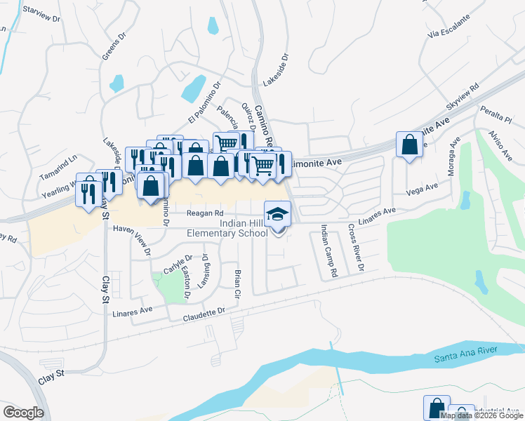 map of restaurants, bars, coffee shops, grocery stores, and more near 6171 Darcee Drive in Riverside