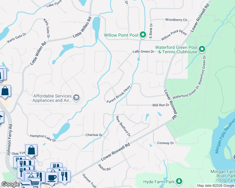 map of restaurants, bars, coffee shops, grocery stores, and more near 5233 Forest Brook Parkway in Marietta