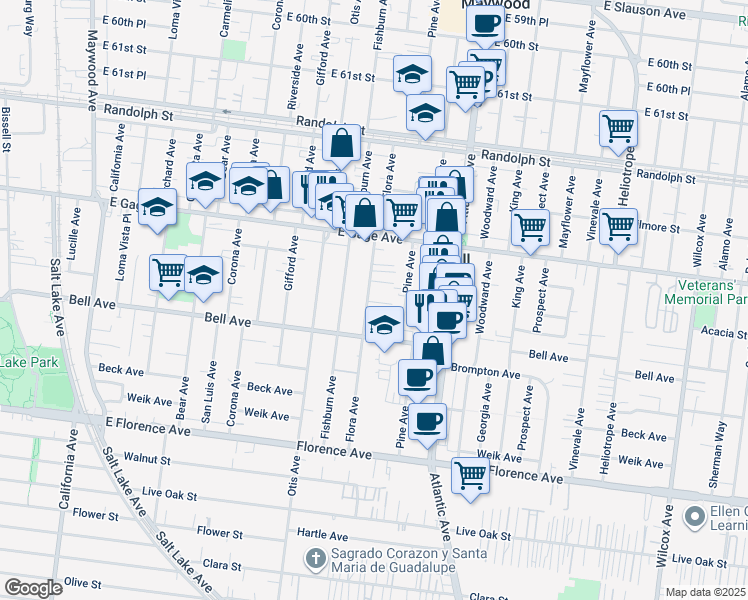 map of restaurants, bars, coffee shops, grocery stores, and more near 6605 Flora Avenue in Bell