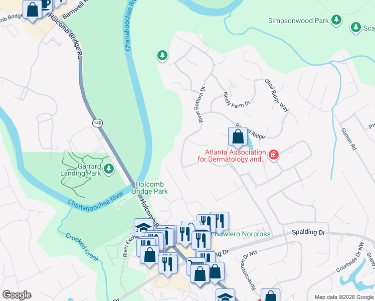 map of restaurants, bars, coffee shops, grocery stores, and more near 6260 Blackberry Hill in Norcross
