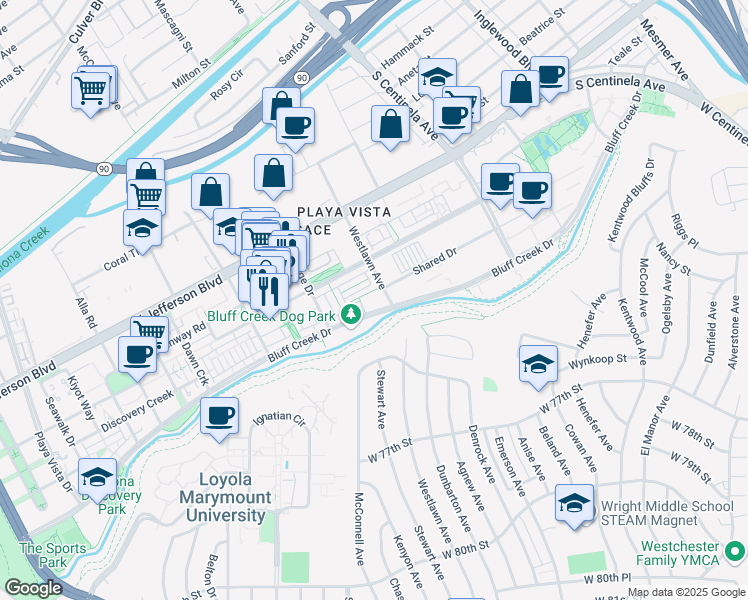 map of restaurants, bars, coffee shops, grocery stores, and more near 12655 Bluff Creek Drive in Los Angeles