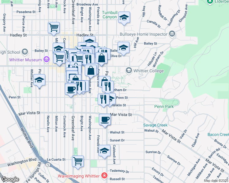 map of restaurants, bars, coffee shops, grocery stores, and more near 13501 Earlham Drive in Whittier