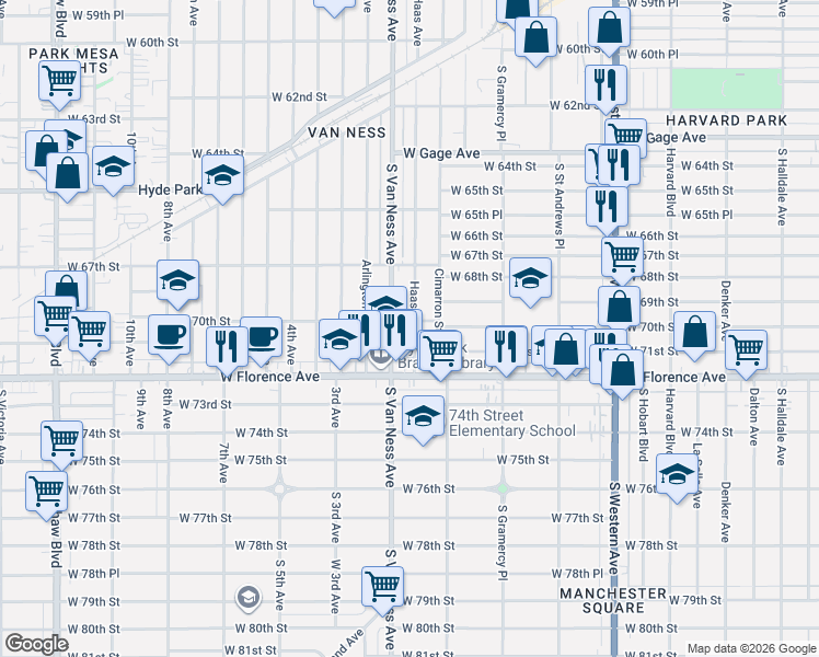 map of restaurants, bars, coffee shops, grocery stores, and more near 7007 Haas Avenue in Los Angeles