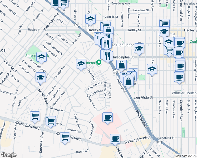 map of restaurants, bars, coffee shops, grocery stores, and more near 12162 Starling Lane in Whittier