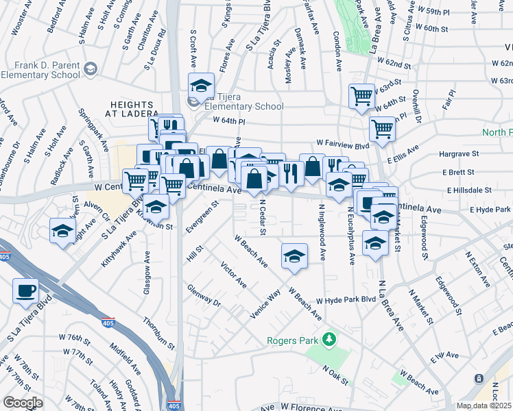 map of restaurants, bars, coffee shops, grocery stores, and more near 945 North Cedar Street in Inglewood