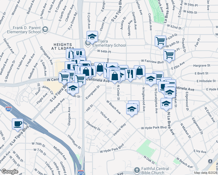 map of restaurants, bars, coffee shops, grocery stores, and more near 950 West Beach Avenue in Inglewood