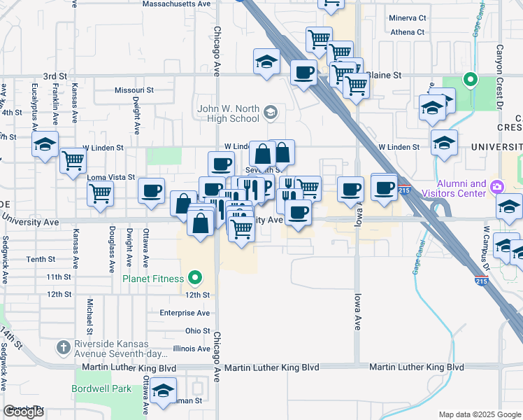 map of restaurants, bars, coffee shops, grocery stores, and more near 1605 University Avenue in Riverside