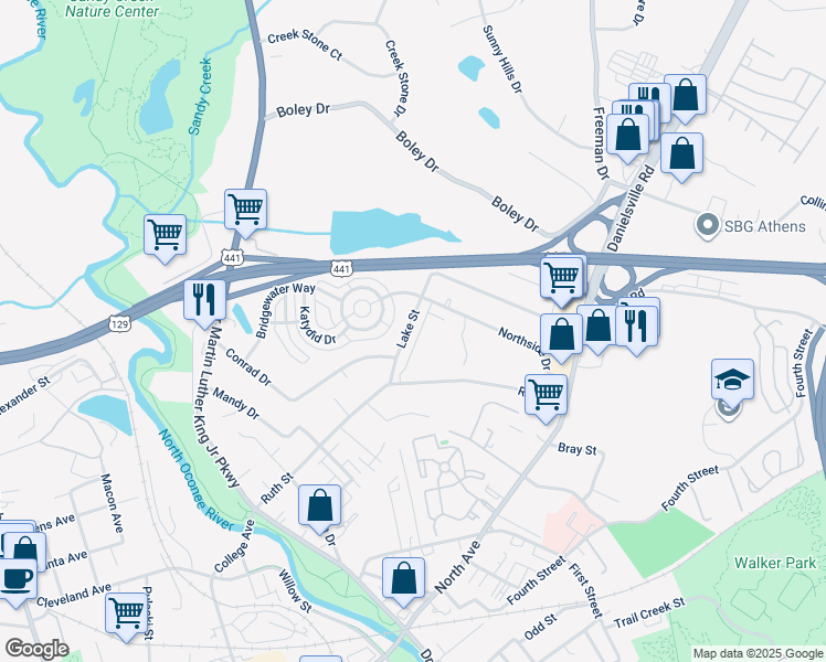 map of restaurants, bars, coffee shops, grocery stores, and more near 290 Lake Street in Athens