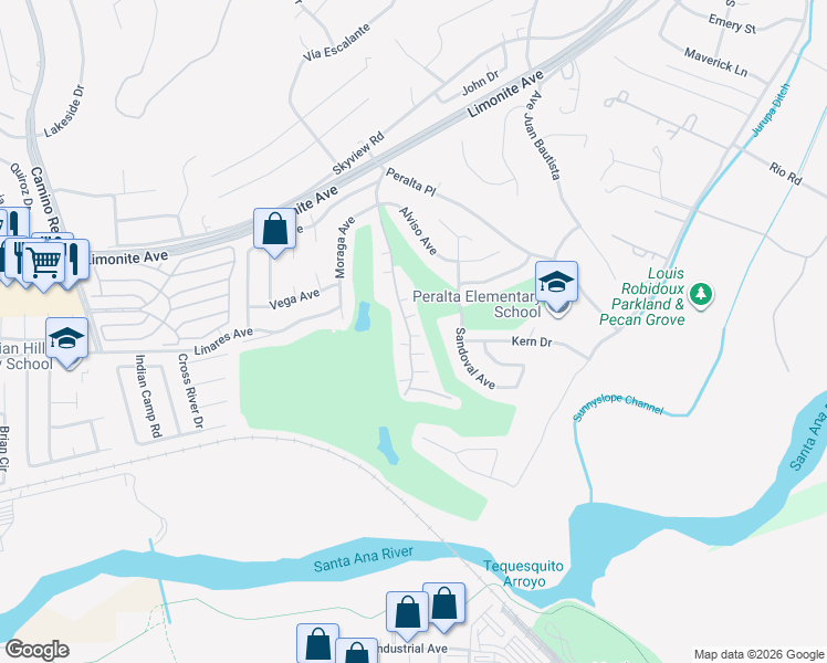 map of restaurants, bars, coffee shops, grocery stores, and more near 6168 Avenue Juan Diaz in Riverside