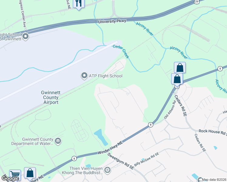 map of restaurants, bars, coffee shops, grocery stores, and more near 676 Grenier Terrace Northeast in Lawrenceville