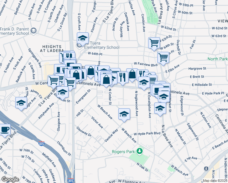 map of restaurants, bars, coffee shops, grocery stores, and more near in Inglewood