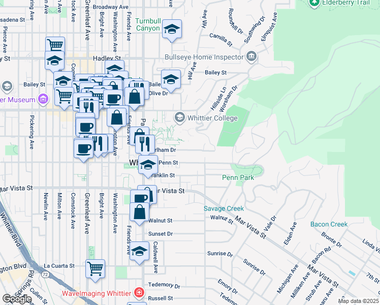 map of restaurants, bars, coffee shops, grocery stores, and more near 13664 Earlham Drive in Whittier