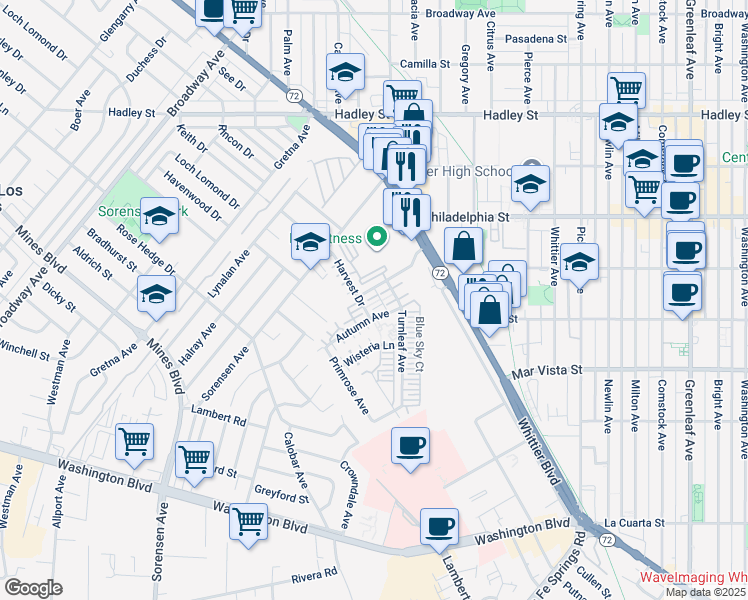 map of restaurants, bars, coffee shops, grocery stores, and more near 12162 Starling Lane in Whittier