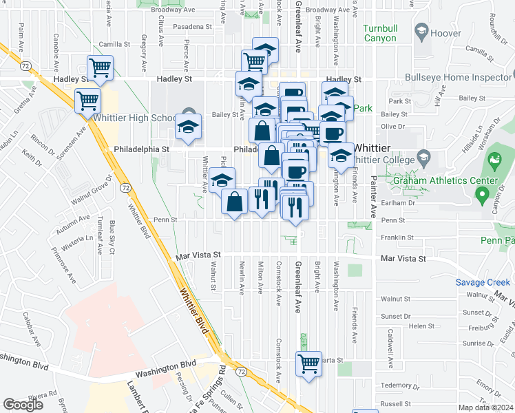 map of restaurants, bars, coffee shops, grocery stores, and more near 7237 Milton Avenue in Whittier