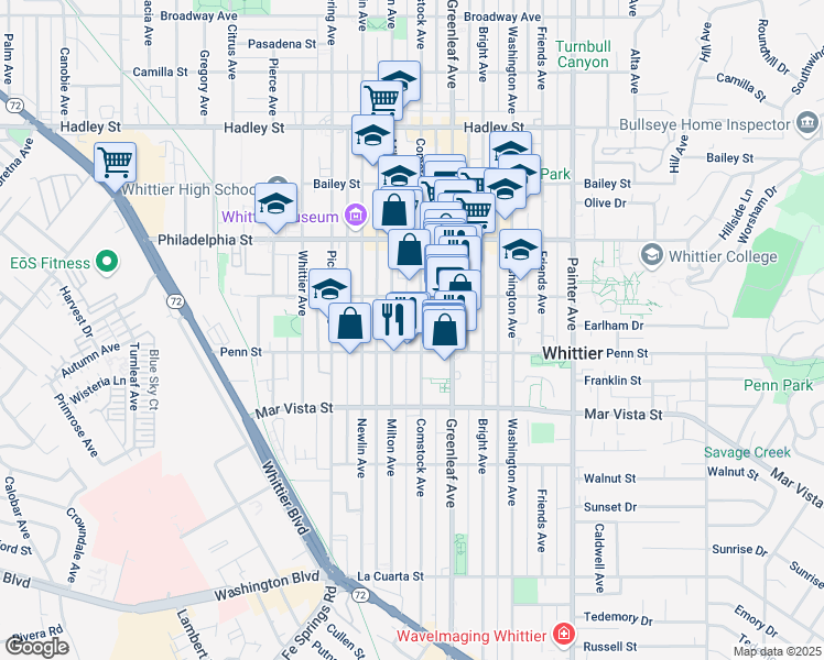 map of restaurants, bars, coffee shops, grocery stores, and more near 7239 Comstock Avenue in Whittier