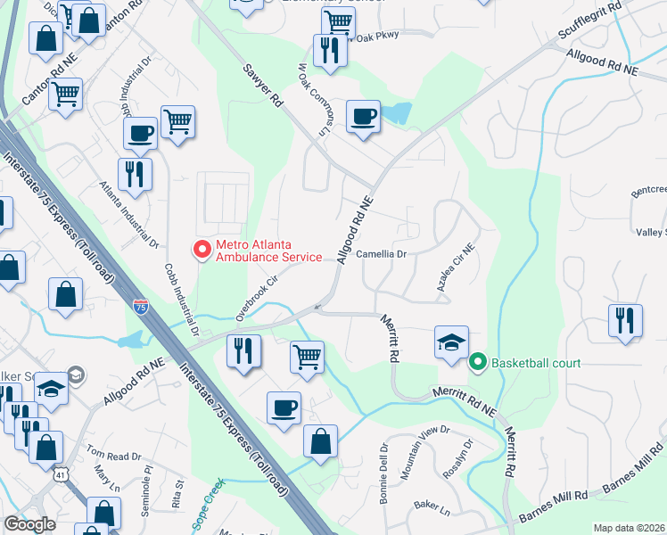 map of restaurants, bars, coffee shops, grocery stores, and more near 991 Overbrook Circle in Marietta