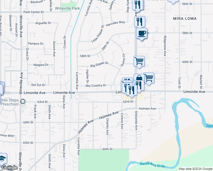map of restaurants, bars, coffee shops, grocery stores, and more near Limonite Avenue in Jurupa Valley