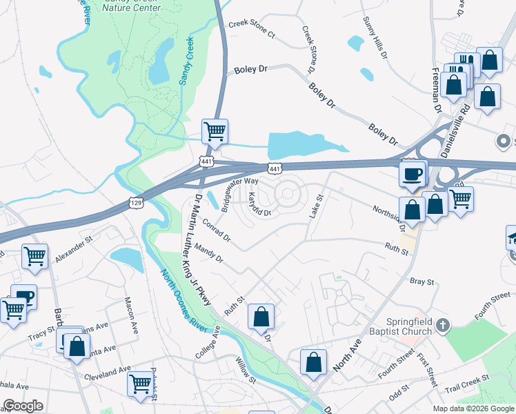 map of restaurants, bars, coffee shops, grocery stores, and more near 230 Bridgewater Circle in Athens