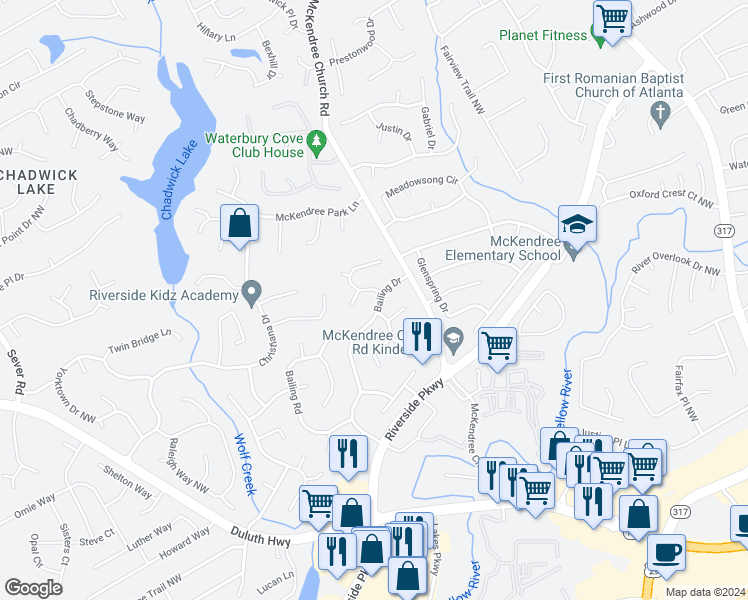 map of restaurants, bars, coffee shops, grocery stores, and more near 1382 Bailing Drive in Lawrenceville