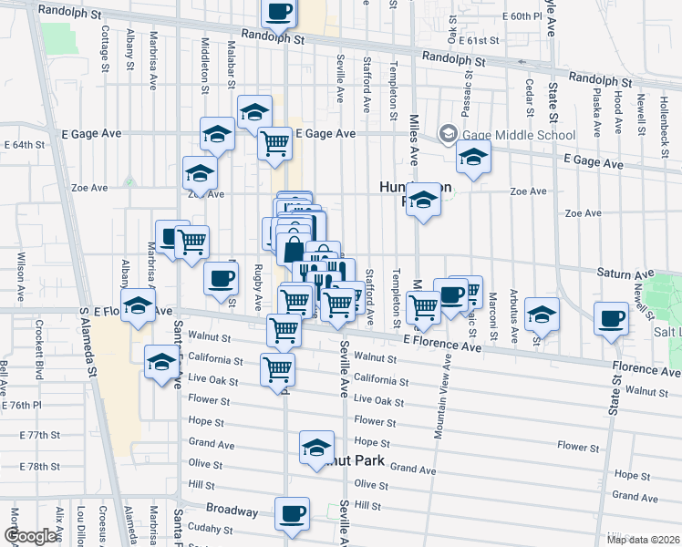 map of restaurants, bars, coffee shops, grocery stores, and more near 6913 Seville Avenue in Huntington Park