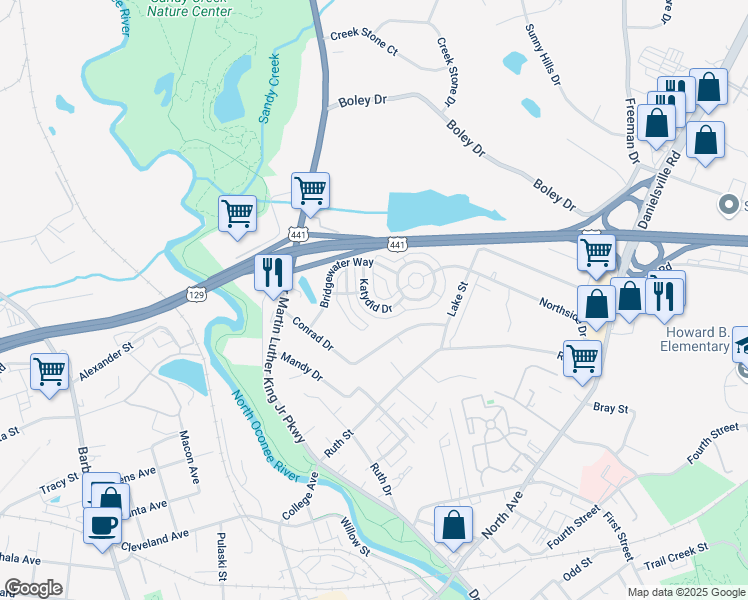 map of restaurants, bars, coffee shops, grocery stores, and more near 211 Katydid Drive in Athens