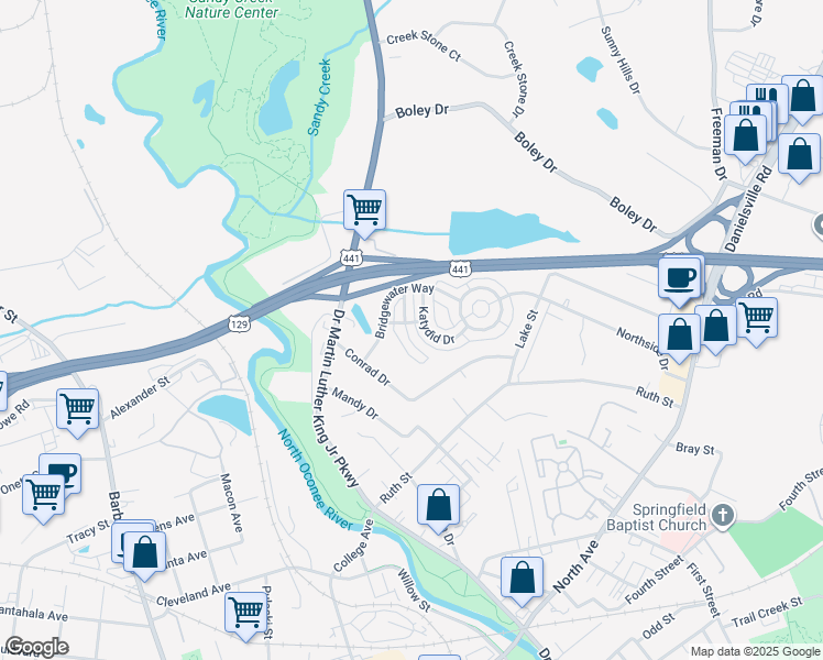 map of restaurants, bars, coffee shops, grocery stores, and more near 207 Fern Ridge Court in Athens