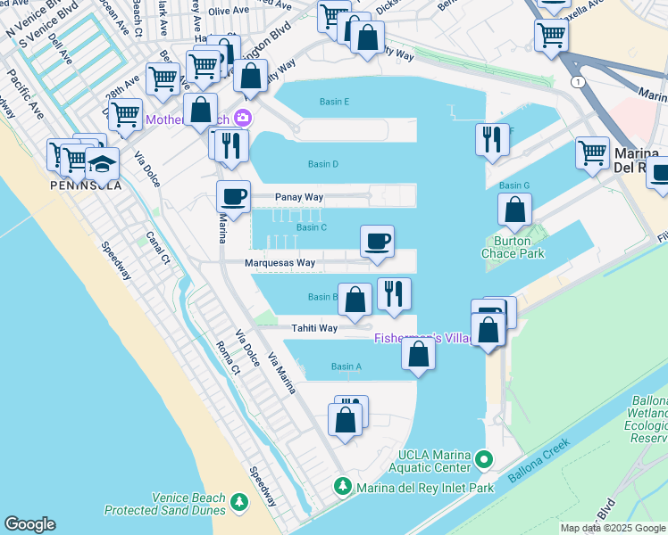 map of restaurants, bars, coffee shops, grocery stores, and more near 13924 Marquesas Way in Marina del Rey