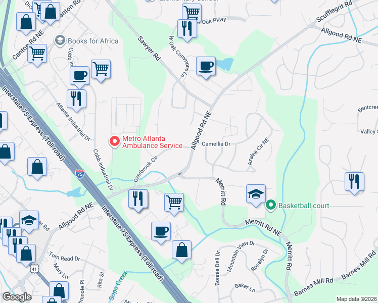map of restaurants, bars, coffee shops, grocery stores, and more near 991 Overbrook Circle in Marietta
