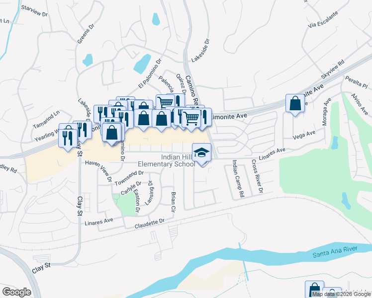 map of restaurants, bars, coffee shops, grocery stores, and more near 6152 Karianne Lane in Riverside