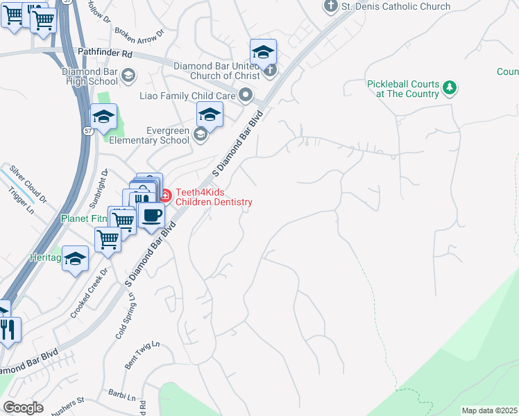 map of restaurants, bars, coffee shops, grocery stores, and more near 2682 Shadow Canyon Drive in Diamond Bar